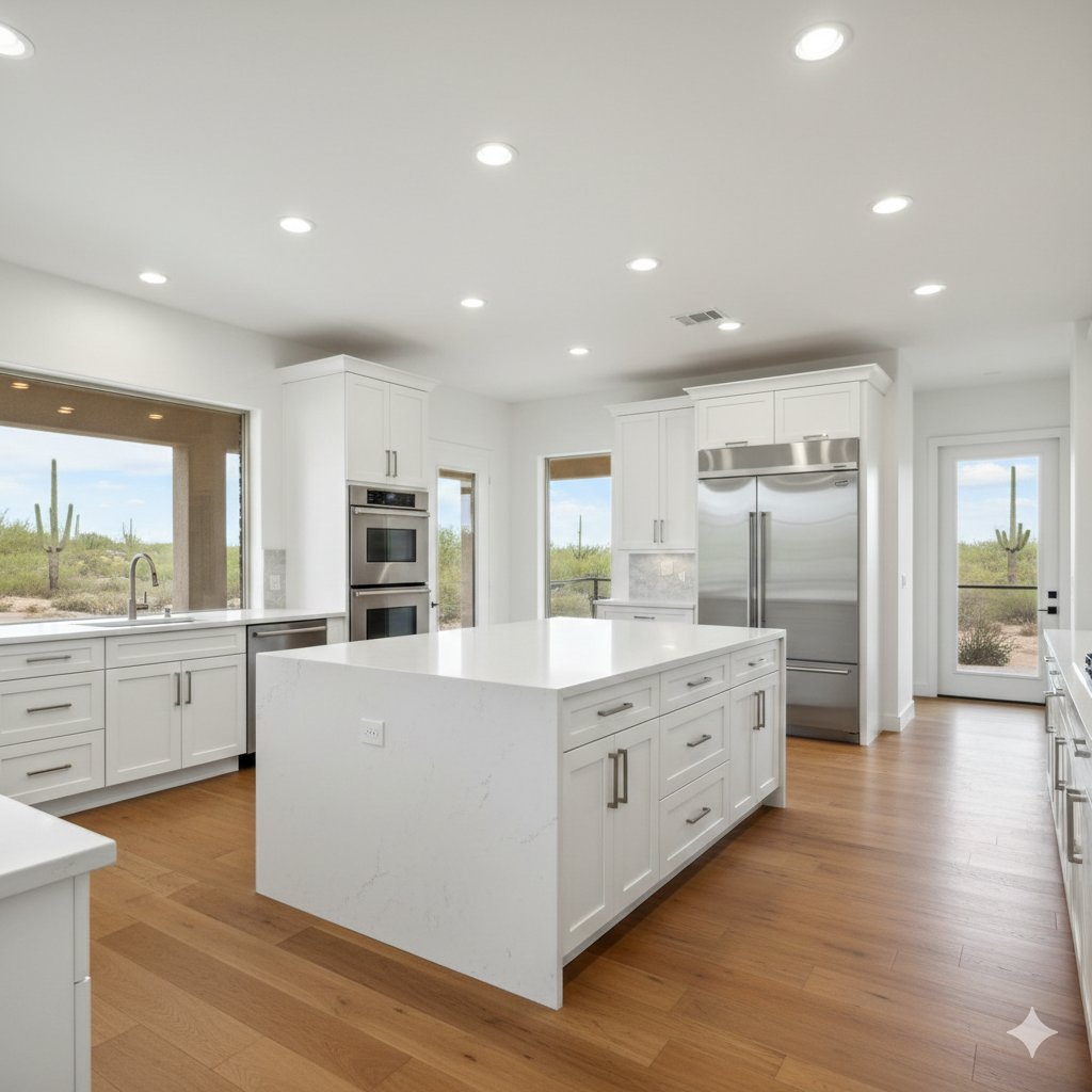 White kitchen with recessed lighting